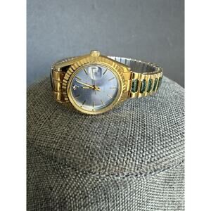 Vintage Sarah Coventry Quartz Watch Stainless Steel Gold Tone Green Enamel READ